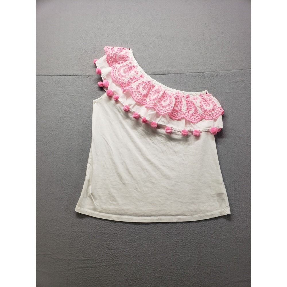 Lilly Pulitzer Women Top S White Pink Pom Pom Lace Ruffle One Shoulder Summer